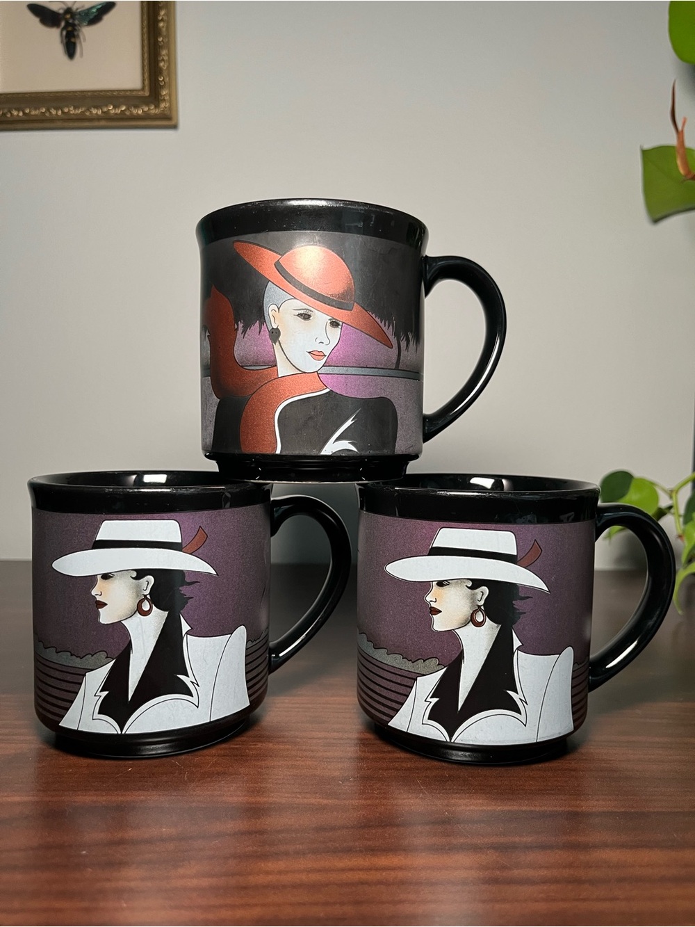 Set of 3 vintage 1980s Patrick Nagel ceramic coffee mugs.